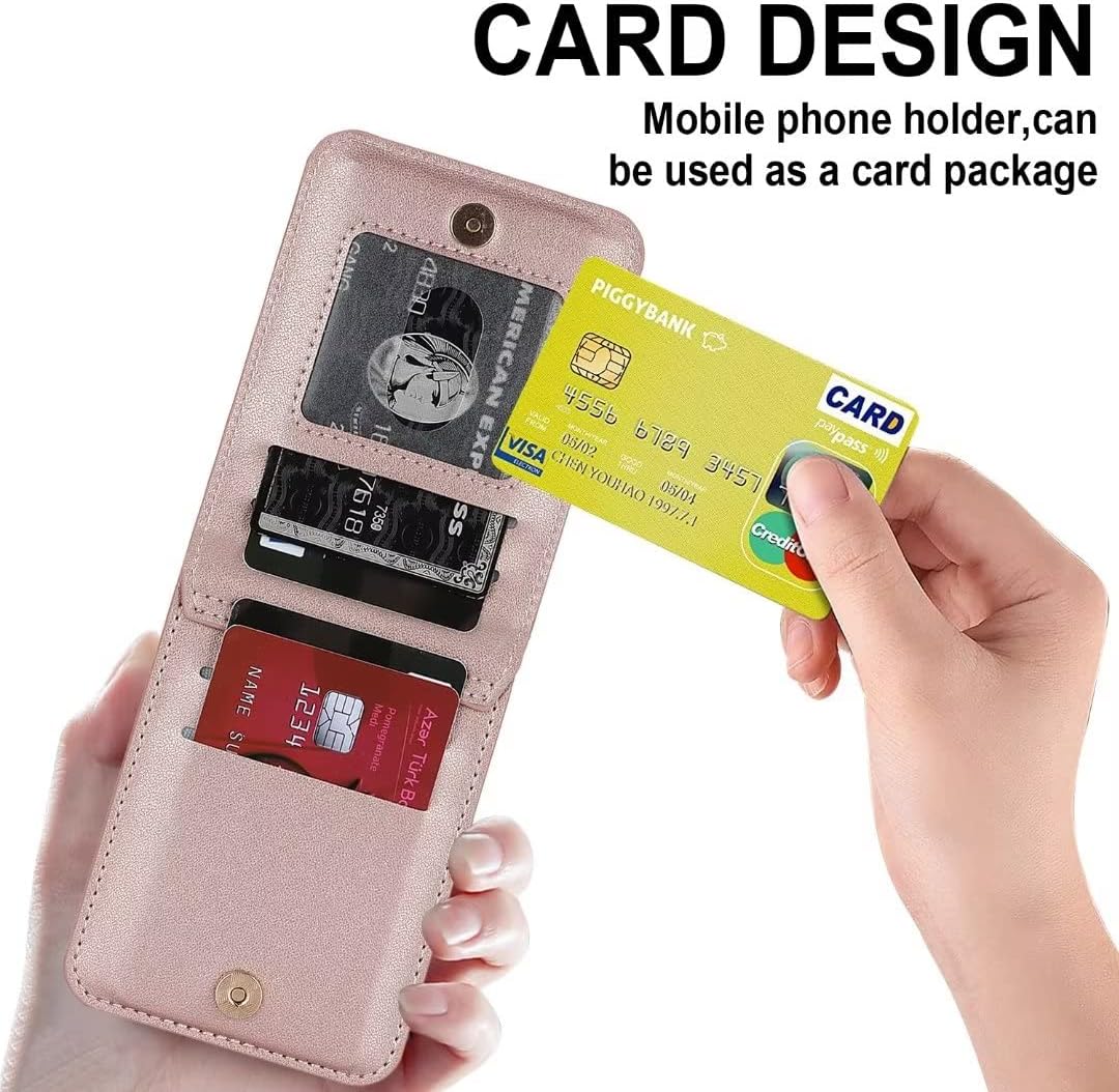 for Samsung Galaxy Z Flip 4 Luxury Zipper Wallet Phone Case, Multi-Function Kickstand Card Holder Adjustable Crossbody Strap, Fashion Flip Case，Perfect for The Modern Women and Girls（Rosegold）