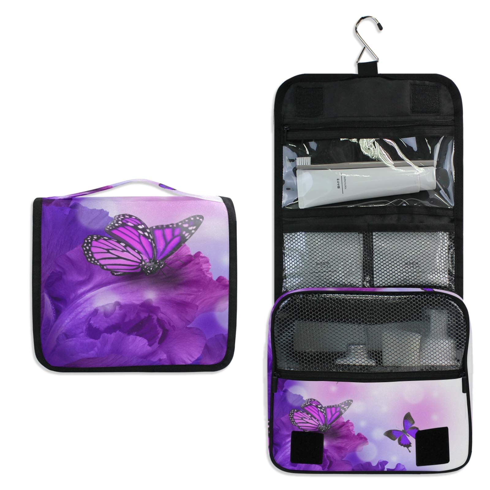 ALAZA Butterfly Purple Flowers Hanging Toiletry Bag for Women Travel Cosmetics Bag Large Capacity Makeup Pouch with Hook Bathroom Storage Bag Waterproof