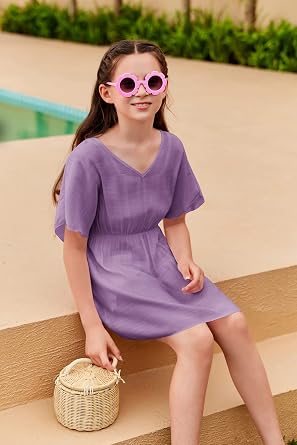 Fommykin Girls Swimsuit Cover Up V Neck Cute Sweet Bikini Tunic Dress