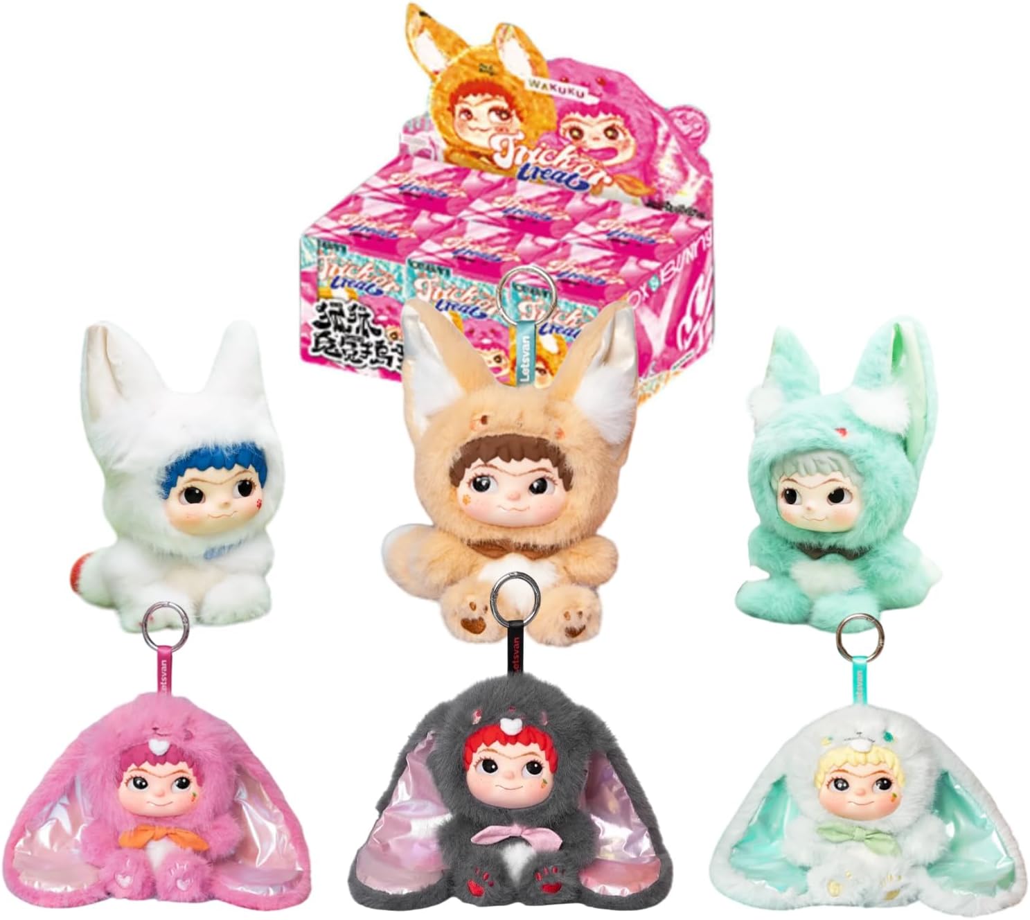 CALEMBOU Plush Blind Box Whole Set, WAKUKU Fox&Rabbit Series Stuffed Toy, Kawaii Mystery Vinyl Plush Keychain Collectible for Birthday Gift Unrepeated