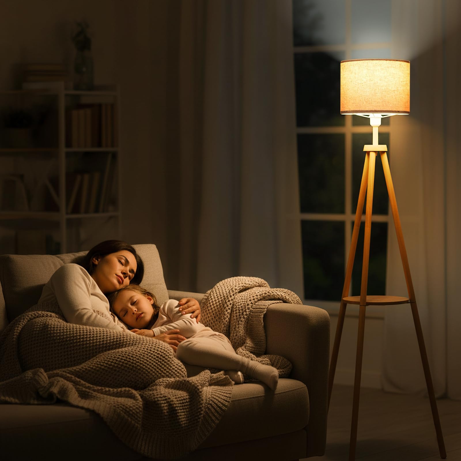 NIKYJM Stehlampe Wohnzimmer mit Regal, Holz Standleuchte LED Dimmbar Dreibein 3 Farbtemperatur Halbe Stunde und Eine Stunde Timerfunktion mit Lampenschirm Fußschalter für Wohnzimmer Schlafzimmer Büro