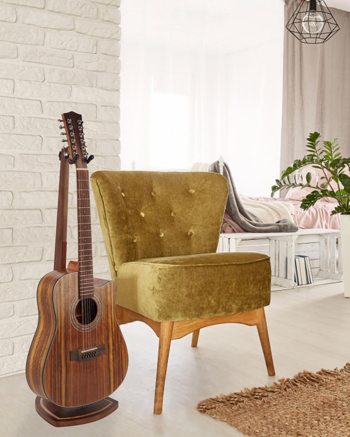 Guitar Stand, Acoustic Guitar Stand Floor, Black Walnut Wood Guitar Stand, Single Guitar Holder Stand for Electric Guitar, Banjo, Mandolin, Hanging Guitar Stands for Home Decor Studio Display