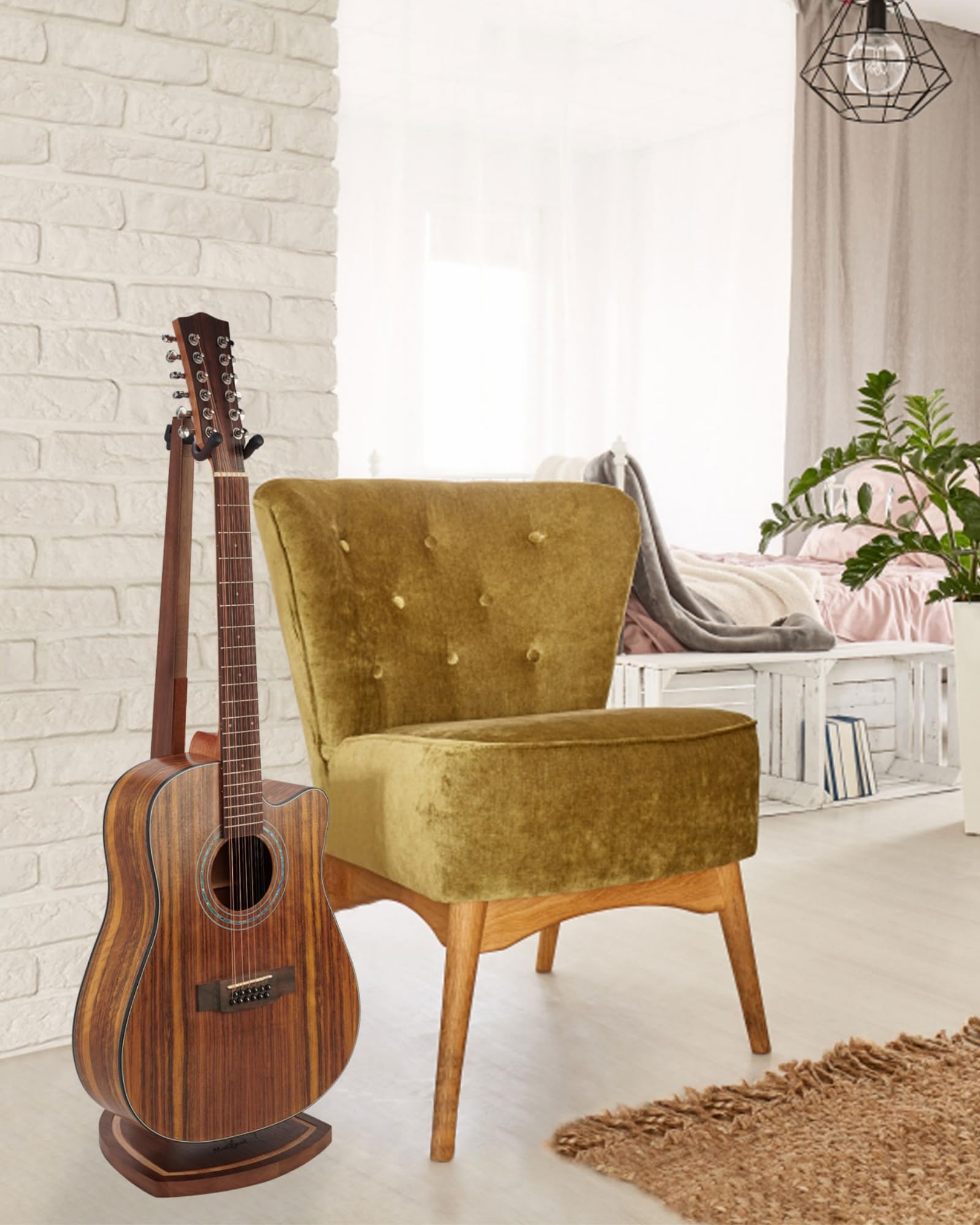 Soporte para Guitarra, Soporte Guitarra Suelo para Guitarra Acústica, Eléctrica, Bajo y Banjo, Elegante Expositor Colgante de Nogal Negro para el Hogar y la Decoración