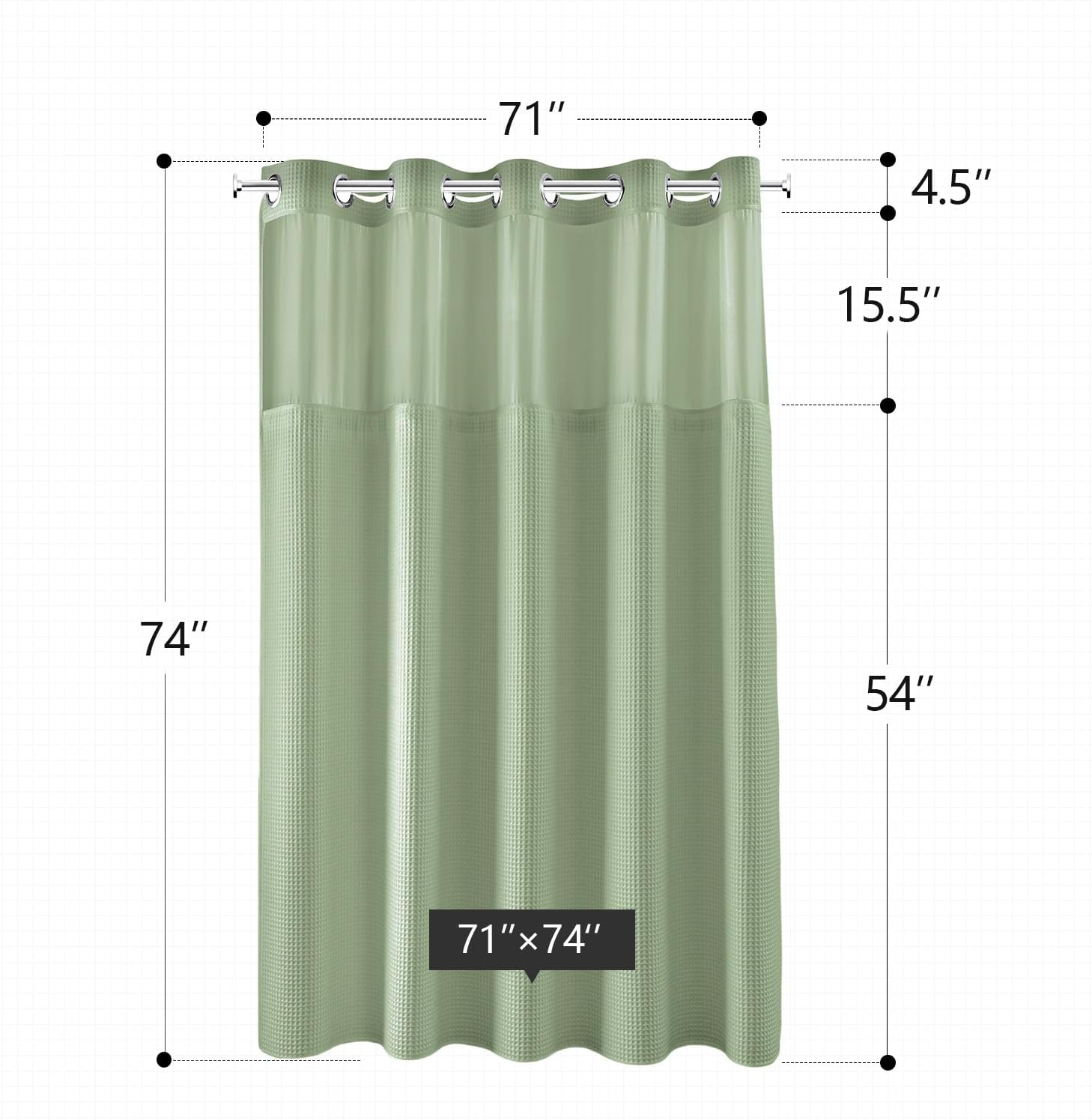 River Dream Sage Green Fabric Shower Curtain Set, Cotton Blend, Waffle Weave, with Snap in Replacement Liner，71 x 74 inches
