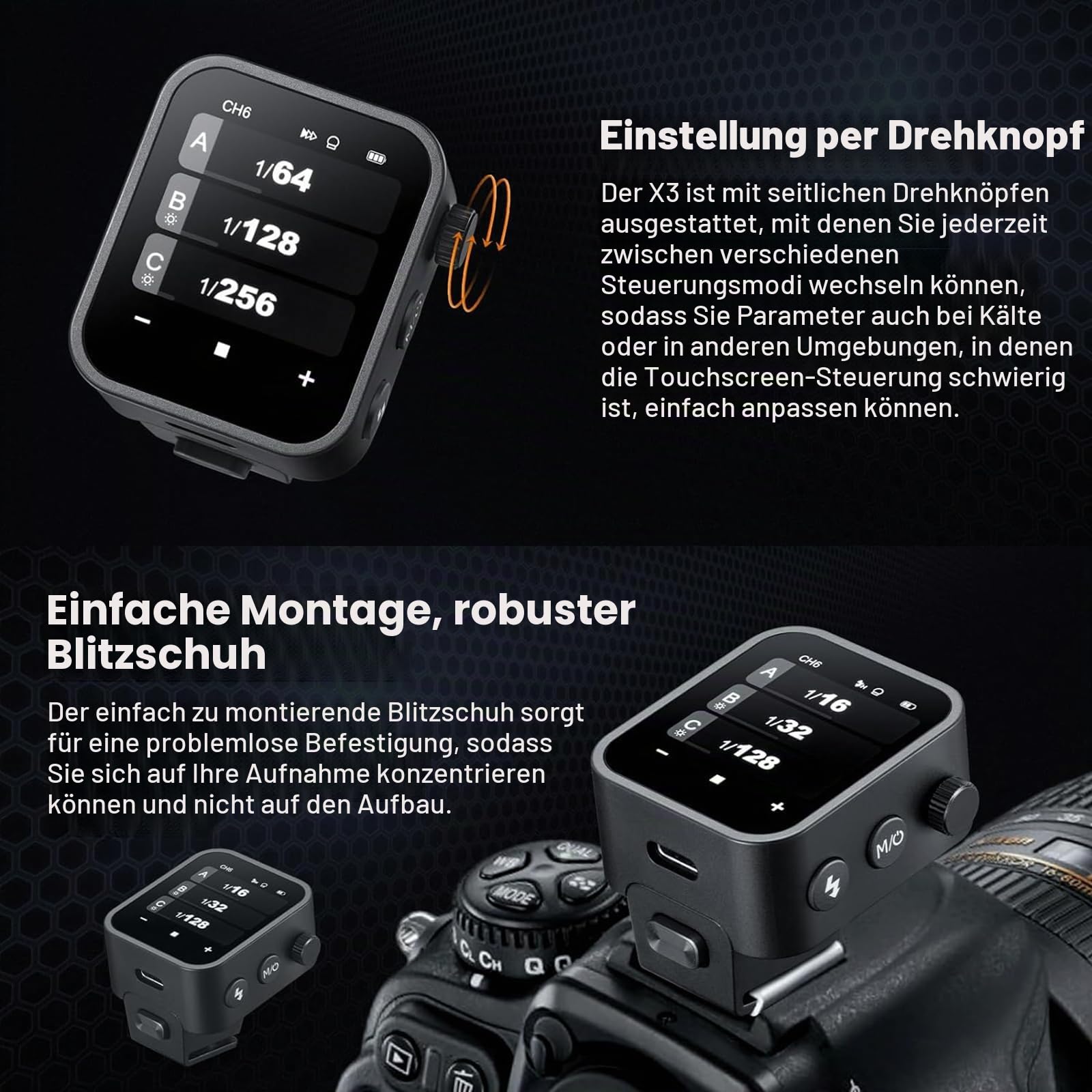 Godox X3C X3-C 2.4G OLED-Touchscreen Flash Trigger TTL kabelloser Blitzauslöser, mit TCM-Konvertierung, Eingebauter 3,7 V 850 mAh Li-Ion-Akku mit Aufbewahrungstasche für Canon-Kameras (X3C)
