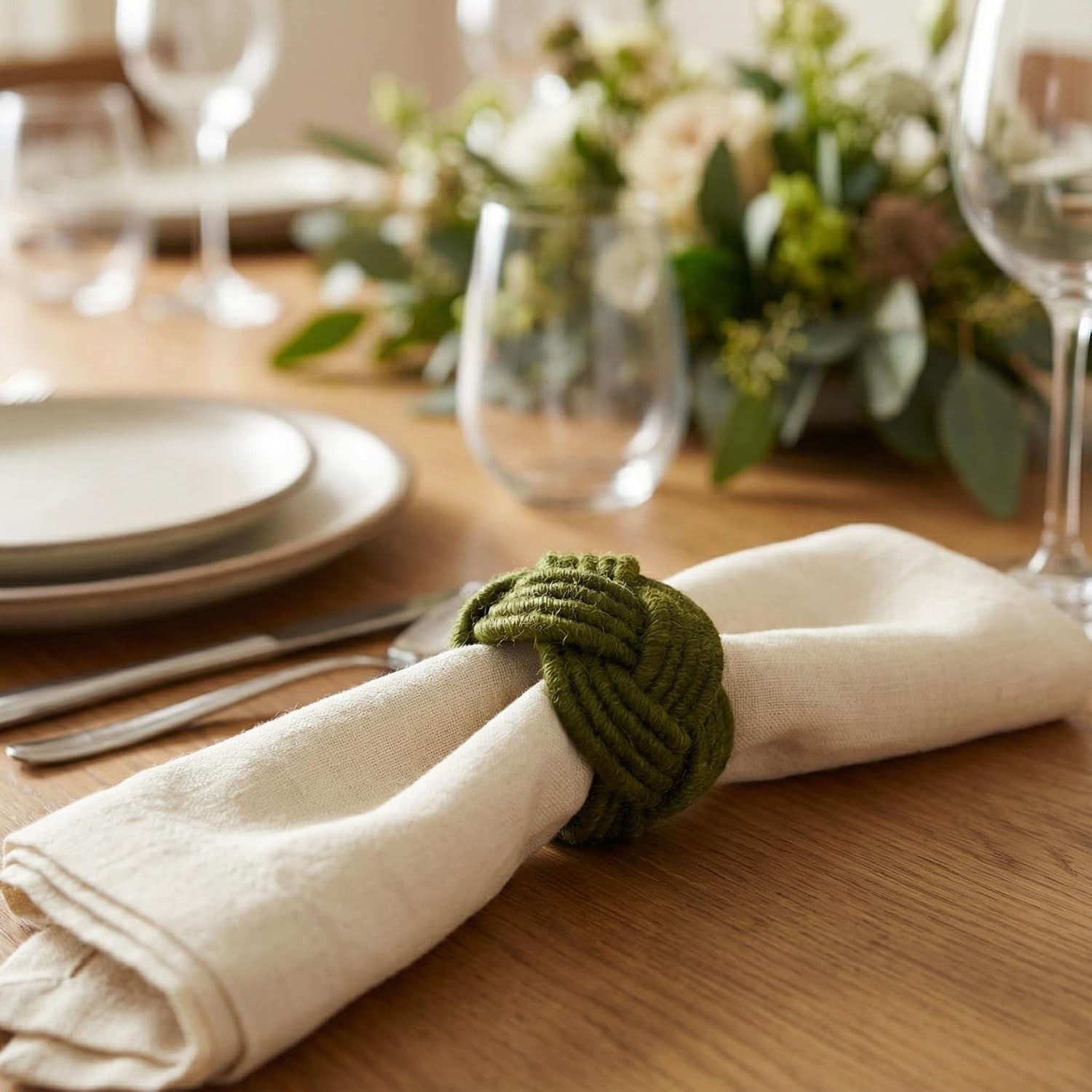 GURU JEE™ Handmade Jute Napkin Rings Green Set of 8 Everyday Use Dining Party Tabletop Décor Gifts Napkin Holder 1.5 Inch in Size Artisan Crafted in India