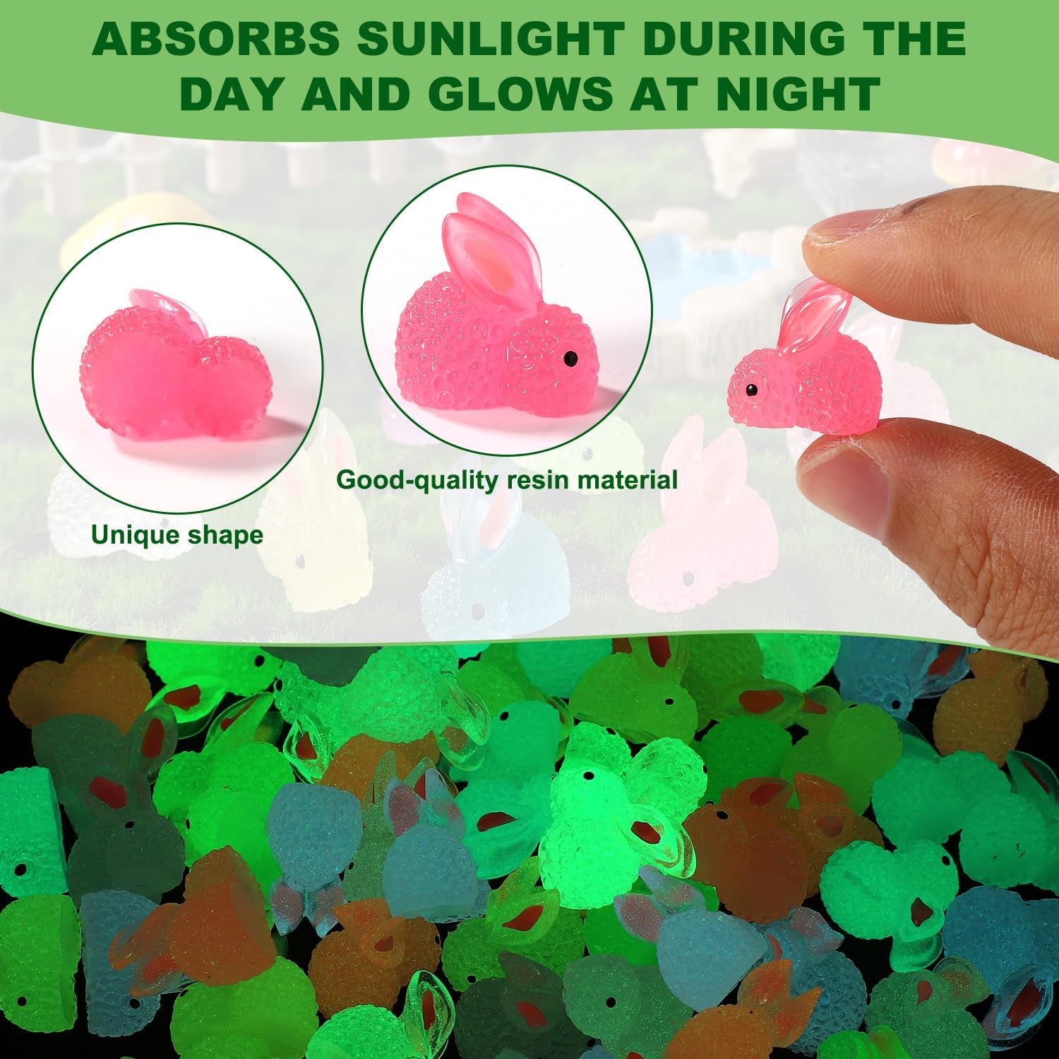 70pcs Easter Luminous Mini Resin Bunny Figures, 7 Colors Miniature Resin Bunny Animals Figurines Glow in The Dark Tiny Rabbit Ornament Mixed Small Resin Rabbit for Happy Easter Decor