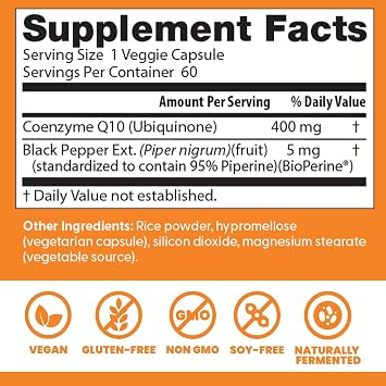 Doctor's Best High Absorption CoQ10 400mg with BioPerine Supplement - Coenzyme Q10 Caps for Heart Health & Antioxidant Support, CoQ10 400 mg for Women & Men, Non GMO - 60 Veg Capsules