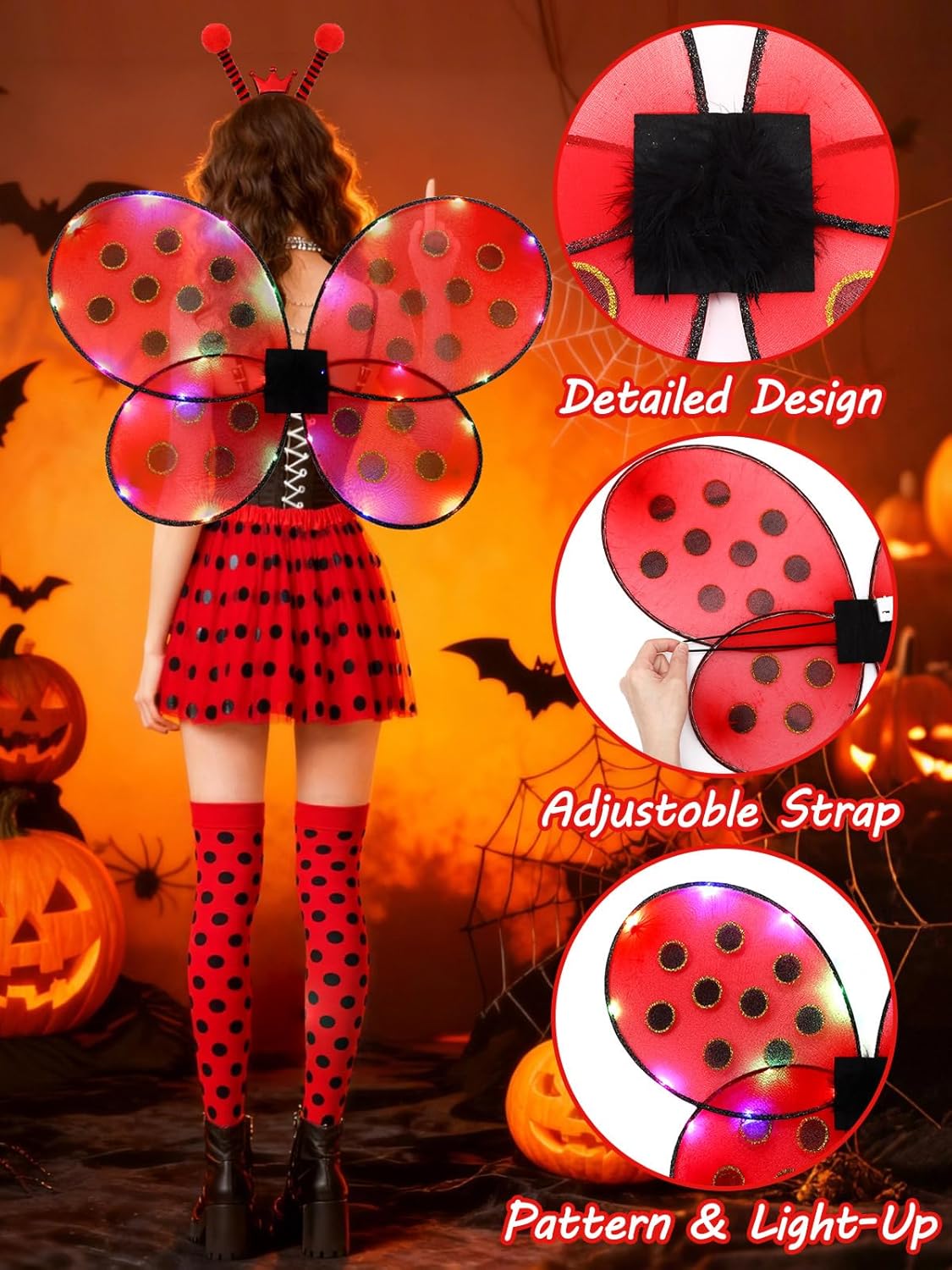 Ladybug Costume Accessories, Light Up Costumes Ladybug Wings Tutu Skirt Antenna Headband Glasses Striped Knee Thigh High Socks Halloween Costume for Girl Women - Image 4