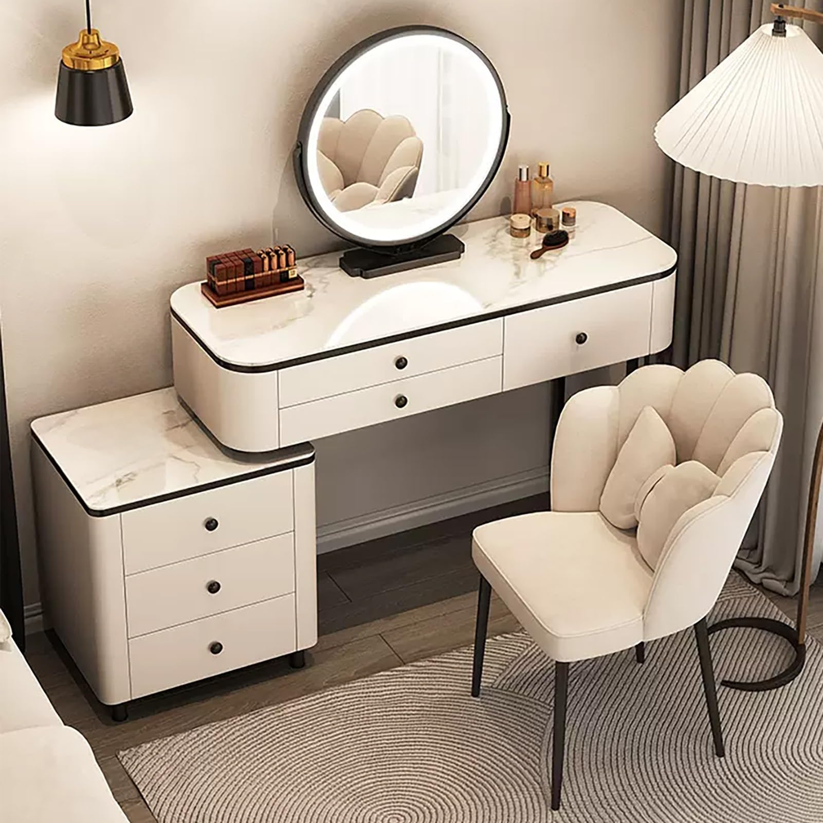 CGCSYZ Makeup Vanity Desk, Rock Slab Vanity Table, Dressing Table with 360° Rotating Mirror, Vanity Makeup Table with Side Cabinet and Chair, Women Makeup Table Set, for Bedroom(White-80cm/31.5in)
