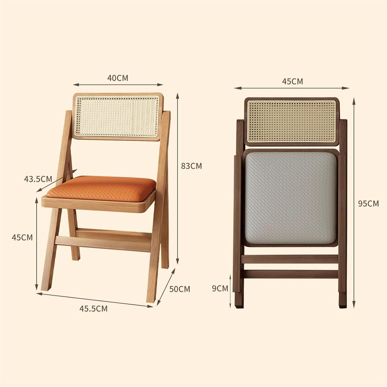 Wood Folding Chairs 2 Pack Folding Dining Chairs Padded Chairs Faux Leather Accent Chairs with Rattan Back Leather Seat for Home Kitchen Office,Coffee