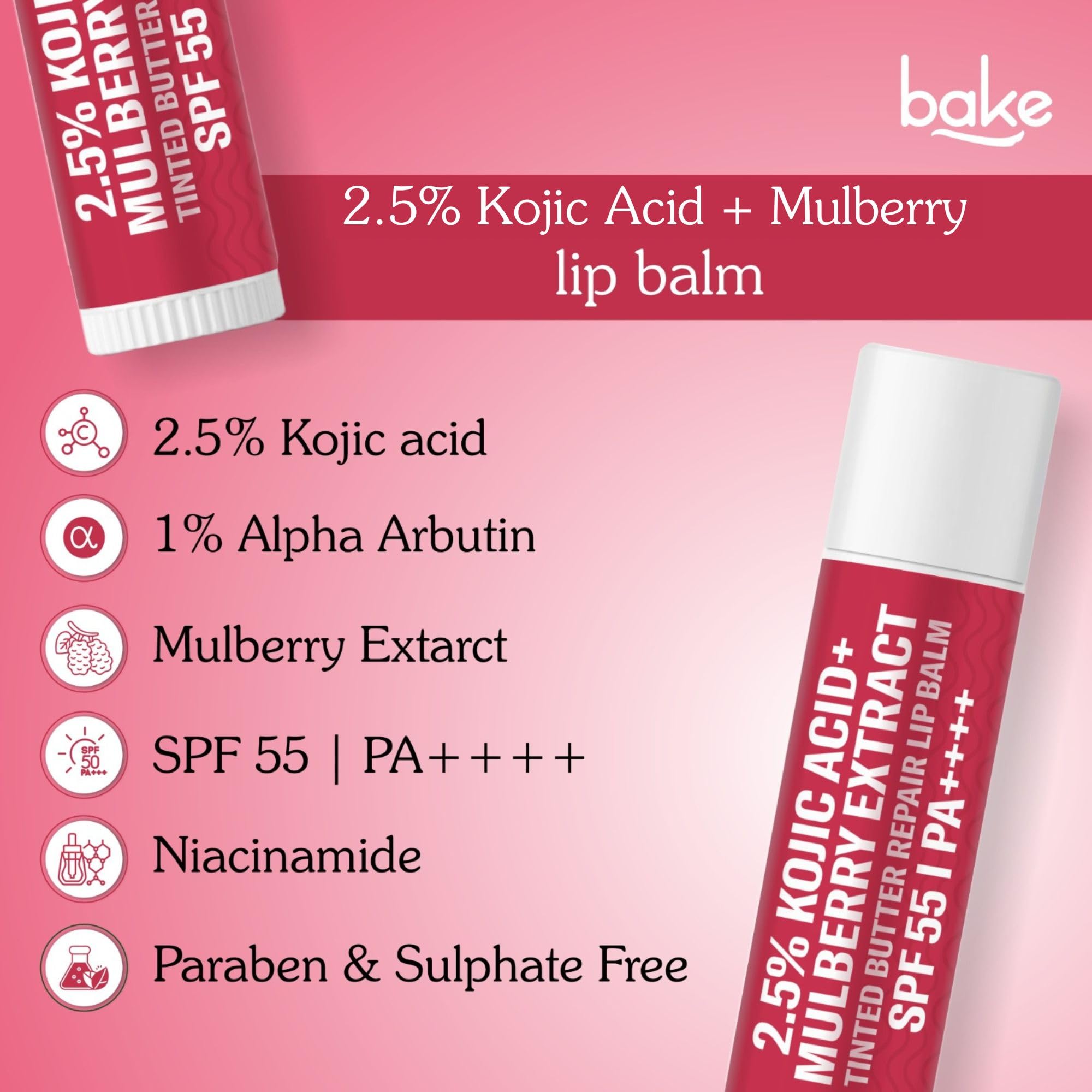 BAKE 2.5% Kojic Acid Mulberry Extract Tinted Butter Brightening Lip Balm SPF 55 PA++++ 24 Hour Moisturization | For Dark, Pigmented, Dry & Flaky Lips | De-Tan Lip Balm - 5g