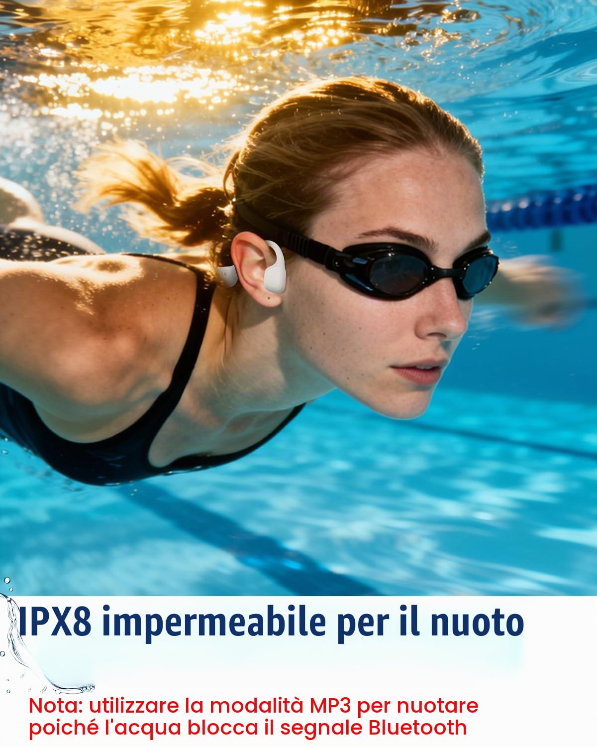 Cuffie a Conduzione Ossea Nuoto, IPX8, Bluetooth 6.0, MP3 8 GB | 12H Anti-Vento Open-Ear Cuffie Nuoto IPX8 Impermeabili, Sportive Auricolari MP3 Integrato, Piscina, Corsa, Ciclismo, Fitness
