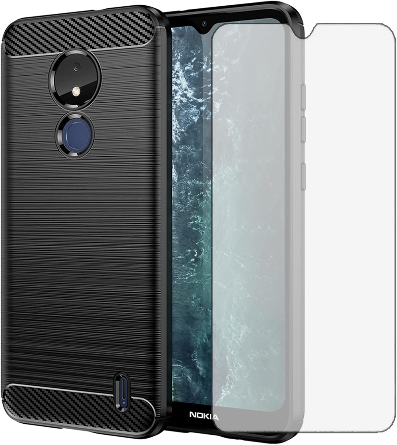 Asuwish Compatible with Nokia C21 Case(Not Fit C21 Plus) and Tempered Glass Screen Protector with Cell Accessories Shockproof Soft Slim Silicone Carbon Fiber Phone Cover for NokiaC21 Women Men Black