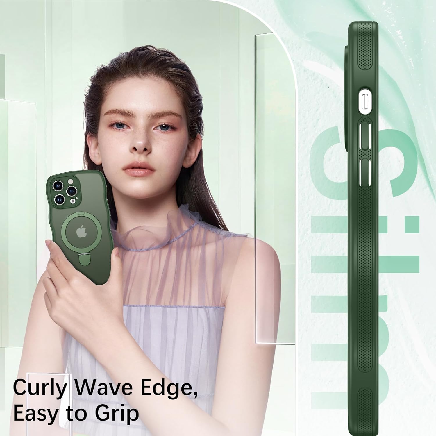 BENTOBEN for Magnetic iPhone 14 Pro Case, [Compatible with Magsafe] [Curly Wave Frame Design] Non-Slip Easier Grip Kickstand Ring Holder Protective Bumper Cute Girl Women Men Phone Cover, Dark Green - Image 7