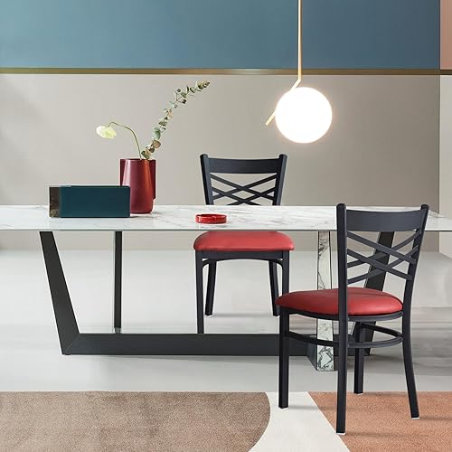 Miniatura 2 de DECFUL Juego de 2 sillas de comedor de metal, elegante diseño X, sillas de metal con cojín acolchado de piel sintética roja, robustas y duraderas