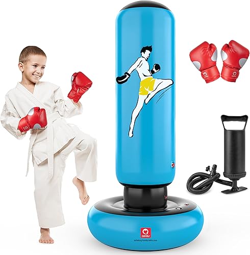 QPAU Kids Punching Bag Toy with Boxing Gloves, 66 Inch Larger Stable Kids Inflatable Boxing Bag Set, Gifts for Boys & Girls Age 6-12, for Practicing