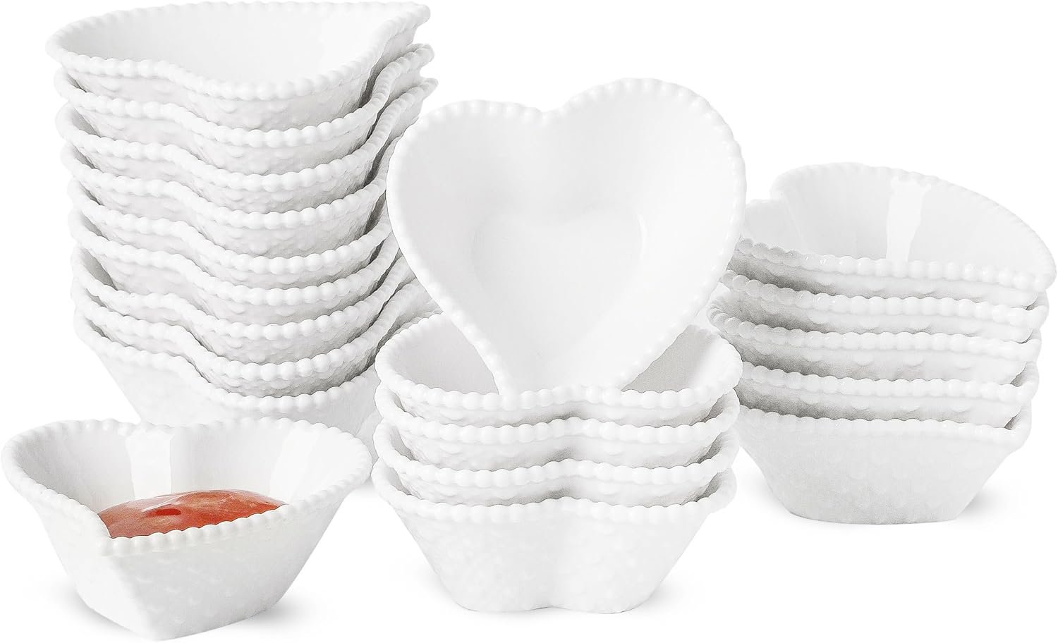 UIBFCWN 20 Pack Ceramic Dipping Bowls, 3 inch Soy Sauce Dish, Small Porcelain Sauce Bowls, 1.7 oz Heart Shaped Mini Serving Bowl for Ketchup, Sushi, Charcuterie BBQ