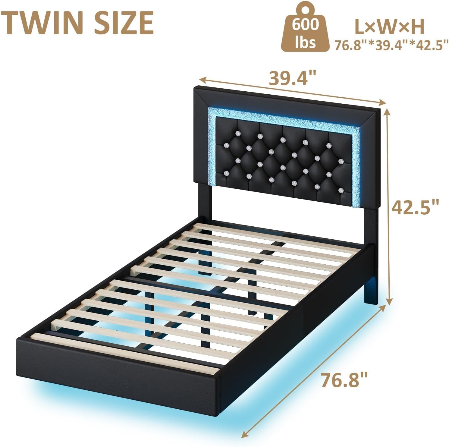 BarnFurin Floating Bed Frame with LED Lights, Upholstered Platform Bed with Diamond Tufted Headboard (Black, Twin) - Image 2