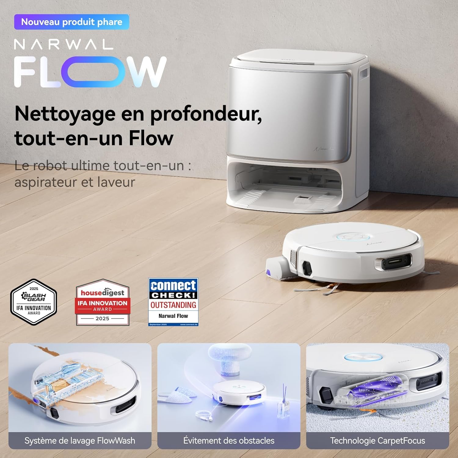 NARWAL Flow Robot Aspirador y Fregasuelos Todo en Uno, Sistema FlowWash de Autolimpieza, 22.000Pa de Succión, Tecnología Anti-Enredos para Pelo de Mascotas, Lavado con Agua Caliente 45-80°C