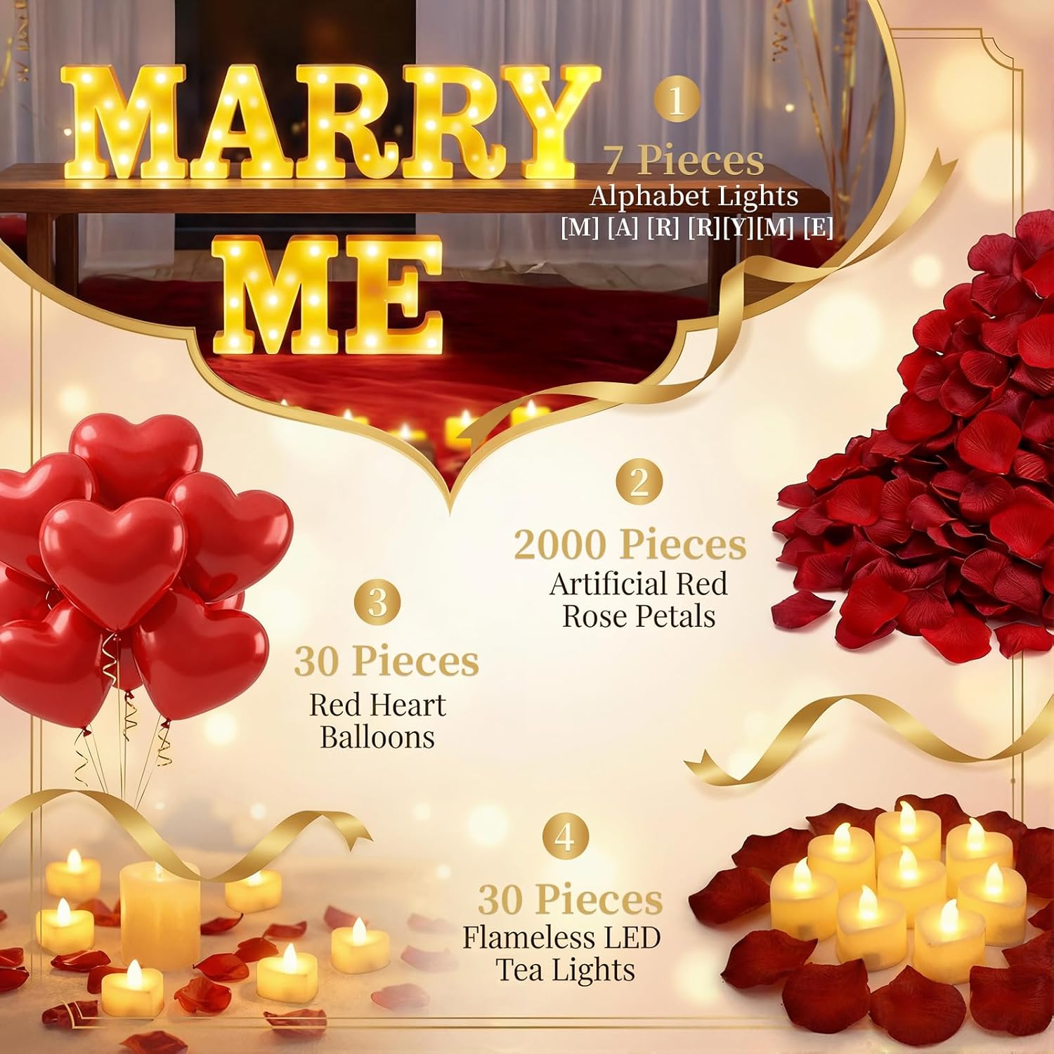 Marry Me Light Up Letters Proposal Decorations,Will You Marry Me Sign with 2000Pcs Red Artificial Roses Petals 30Pcs Flameless Candles 30Pcs Red Balloons for Romantic Night kit Valentine's Day