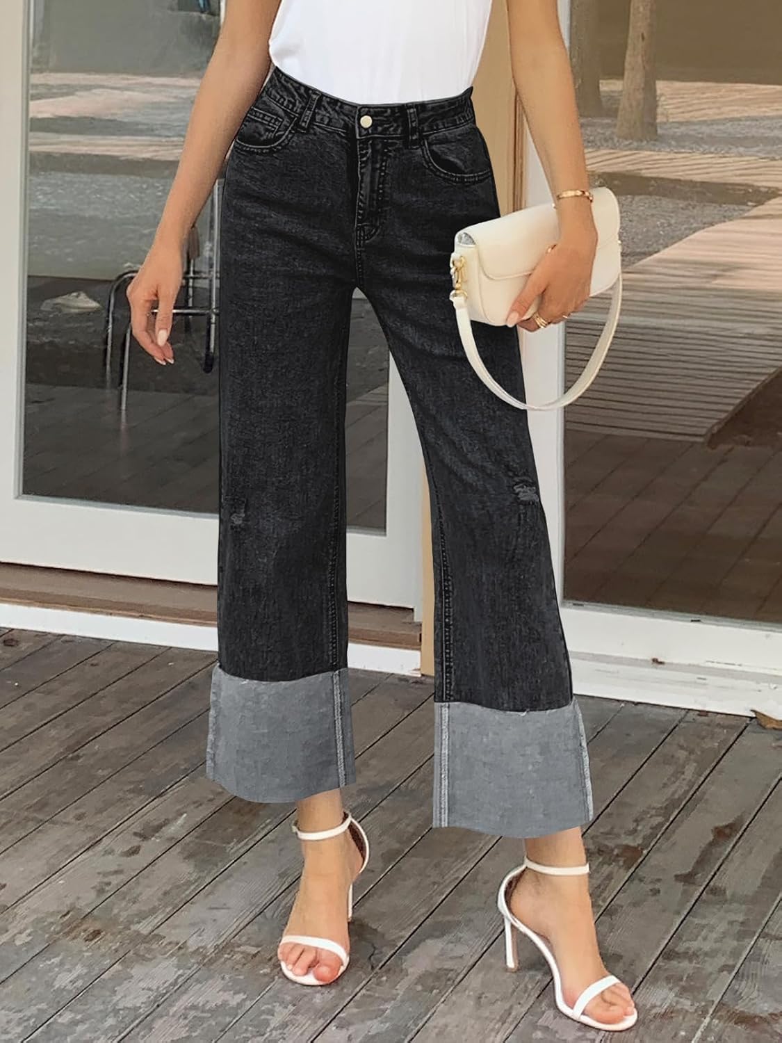 Cicy Bell Womens Wide Straight Leg Jeans High Waisted Trendy Cuffed Hem Distressed Vintage Denim Pants - Image 3