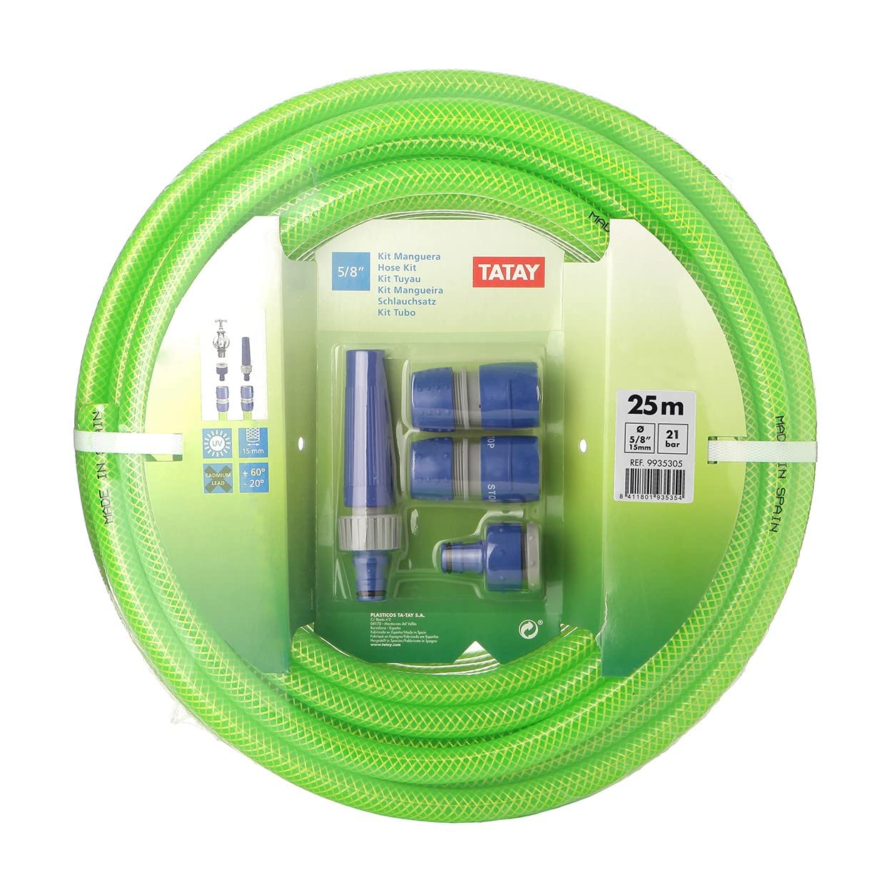 TATAY Kit Manguera de jardin Green Line 25 metros Ø5/8" 15mm, de 3 Capas, Hecha en España, Resistencia 21 bares y +60°/-20°, Trenzado, Libre de Cadmio y Plomo, Libre de BPA, Anti-UV, Color Verde