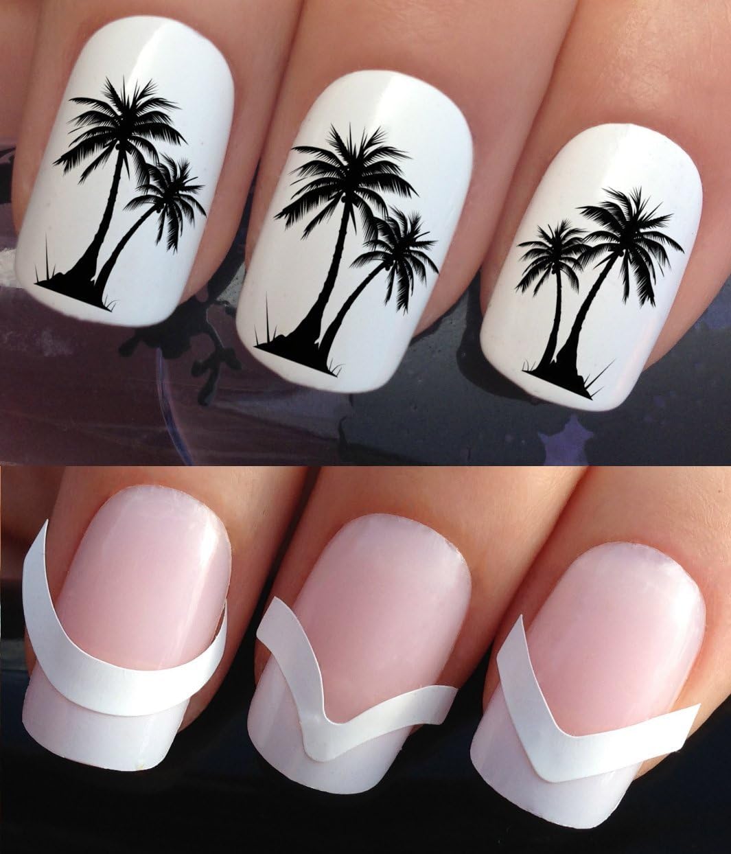 WATER NAIL TRANSFERS DECALS STICKERS ART SET #702 & 172. **plus x48 nail tip guides!!** x20 BLACK TROPICAL SUMMER HOLIDAY PALM TREES TATTOO WRAPS & x48 FRENCH MANICURE TIP GUIDES! CAN BE USED WITH NATURAL GEL ACRYLIC STICK ON NAILS! OR WITH GLITTER DUST CAVIAR BEADS ALLOYS DECORATIONS CONFETTI FIMO SHAPES TAPE PENS RHINESTONES!