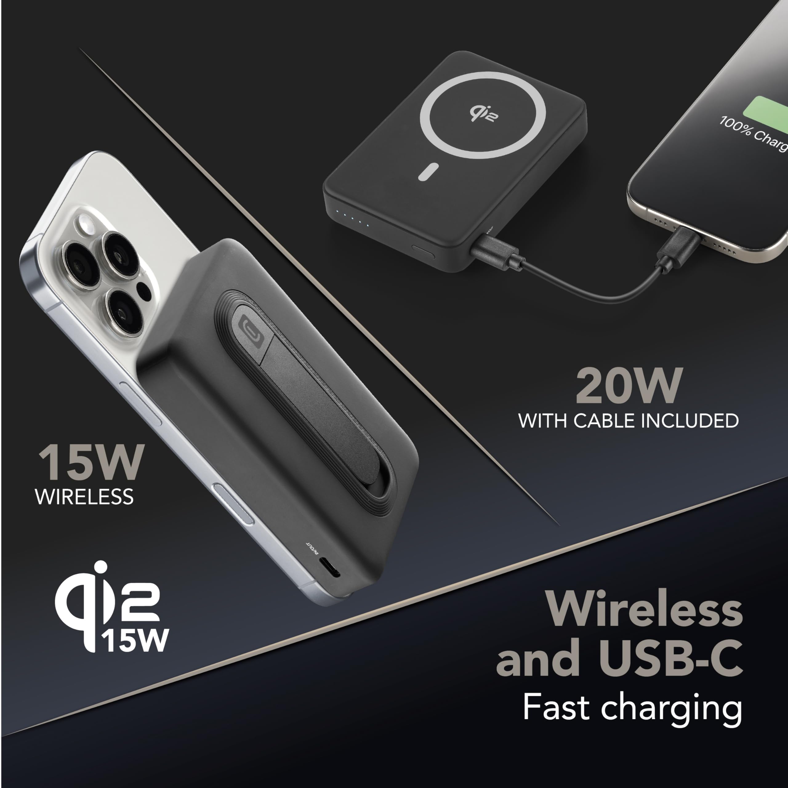 Cellularline Power Bank 10.000 mAh Qi2 15W con Soporte Integrado y USB-C 20W – Soft-Touch, mag Stand, Negro
