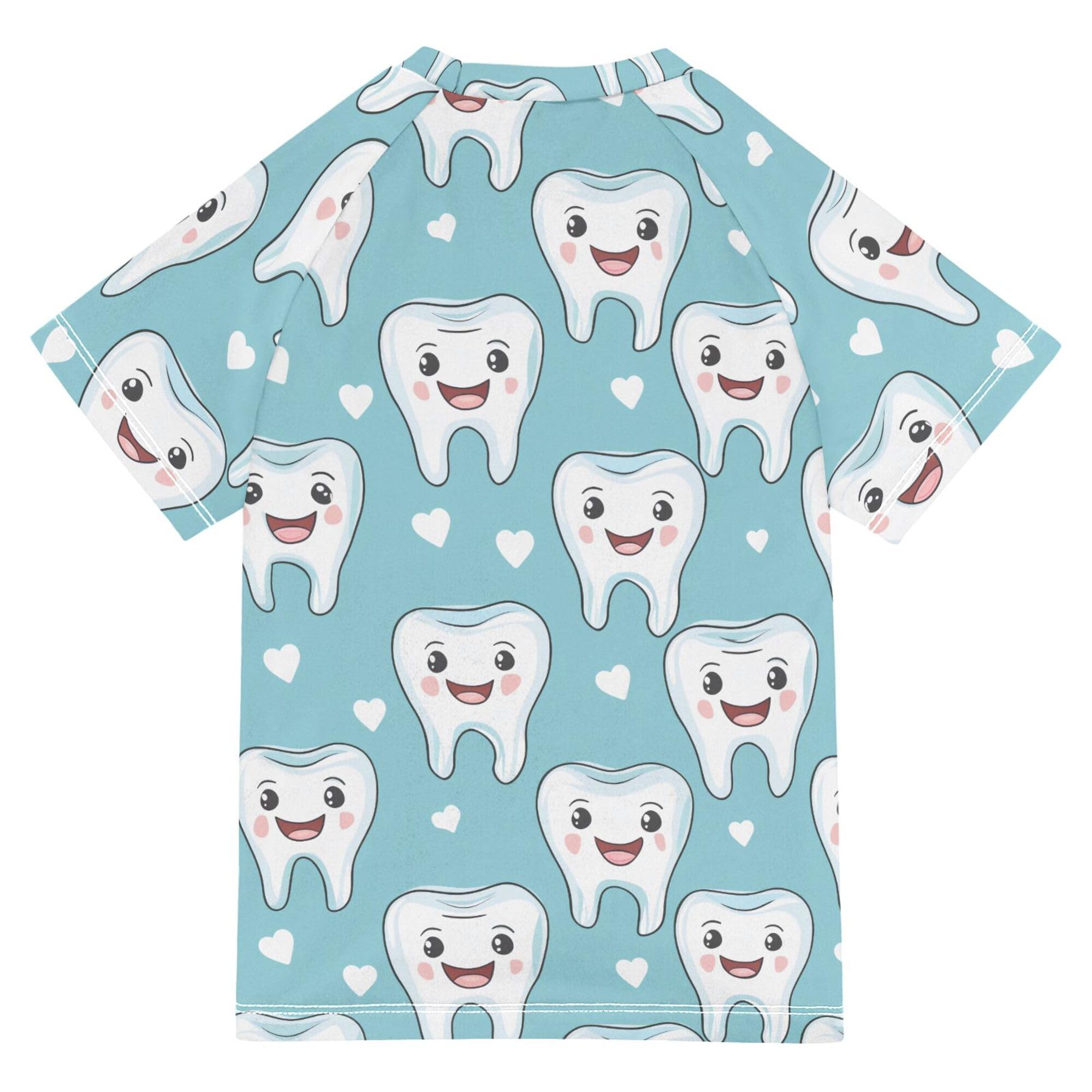 Cartoon Cute Teeth Dental Health Care Green Bathing Suit Girls UV Protection Kids Rash Guard Swimwears Athletic Tops for Toddler Boy 9-10Y