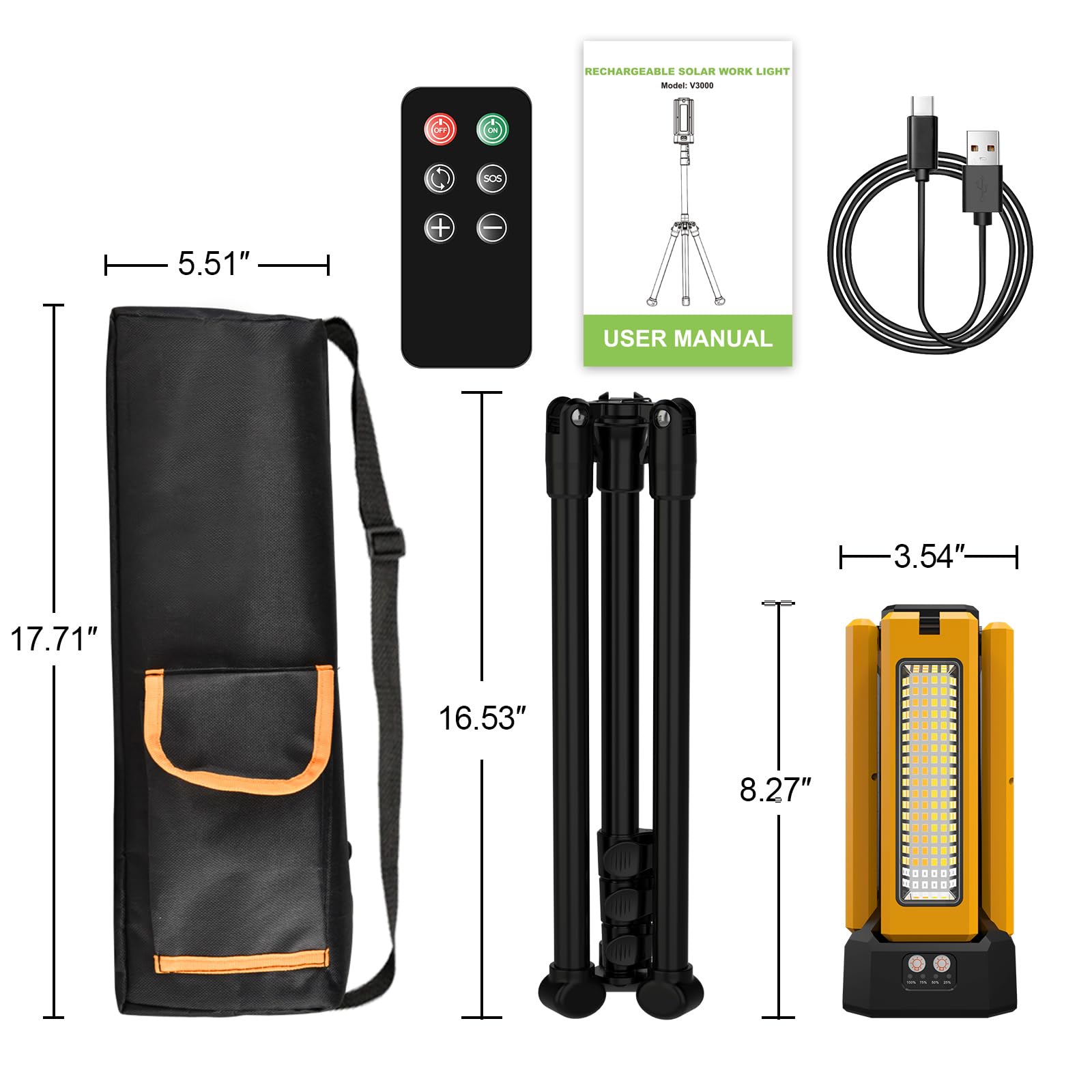 iodoo Projecteur de Chantier LED à Batterie Solaire Avec Trépied, Batterie D'une Capacité de 13200 mAh, Lampe Chantier Luminosité de 8000 Lumens (Orange avec télécommande)