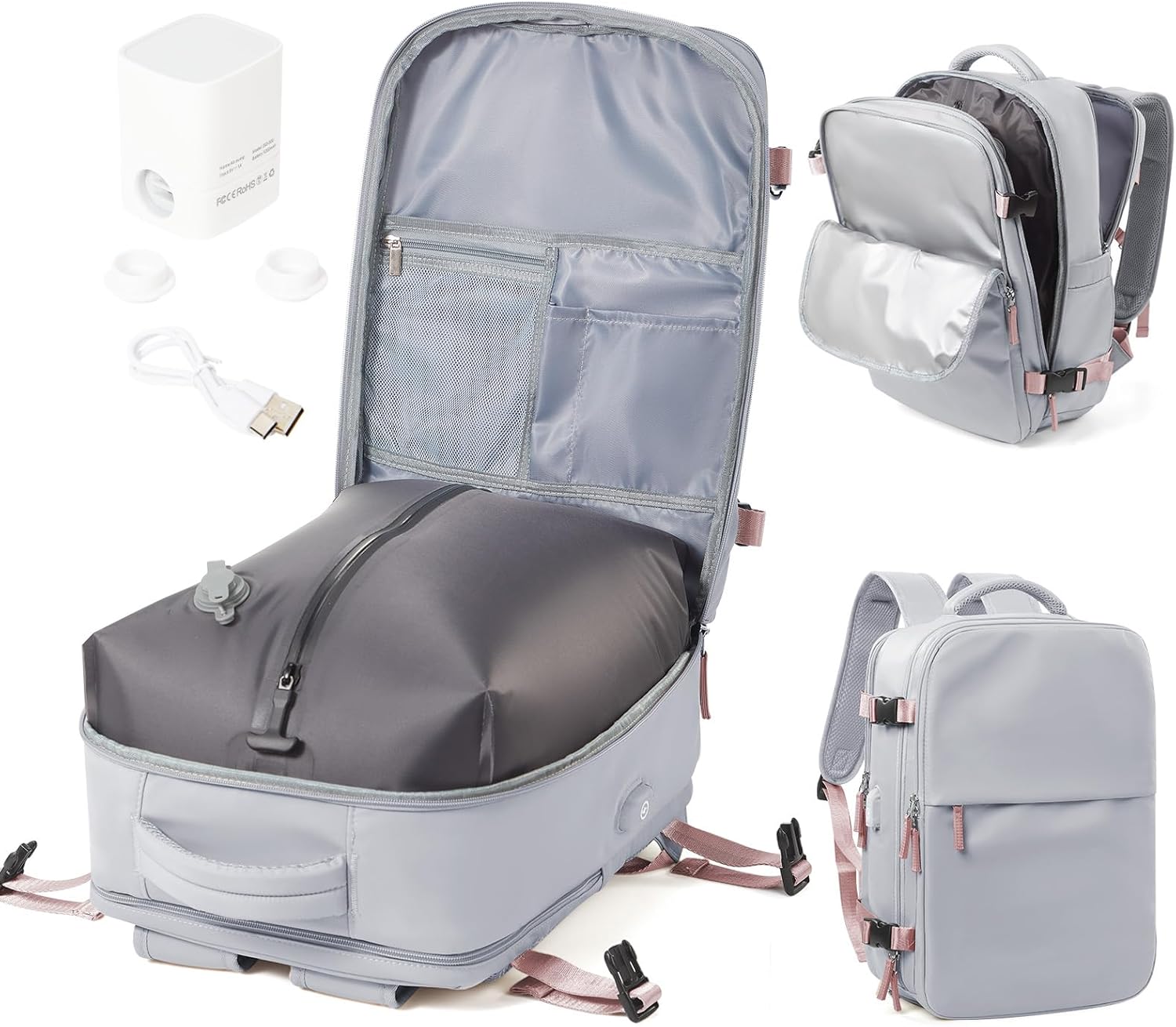 Sac à Dos Compression Sous Vide Homme Femme Sac Airbag Travel Sous Vide Imperméable Sac à Dos Voyage Cabine Avion Saca Sos Grande Capacité - Noir - Vue détaillée de la structure interne et des sangles ajustables. — vue 12