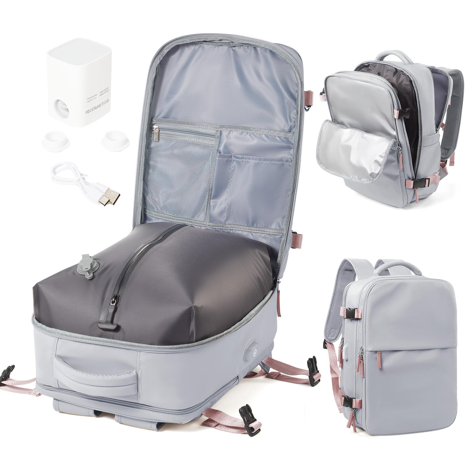 Vakuum Rucksack Handgepäck Flugzeug mit Schuhfach, Ryanair Reiserucksack Handgepäck mit Vakuumsystem, Rucksack Wasserdicht Laptop 14 Zoll für Damen Herren Airbag(Grau)