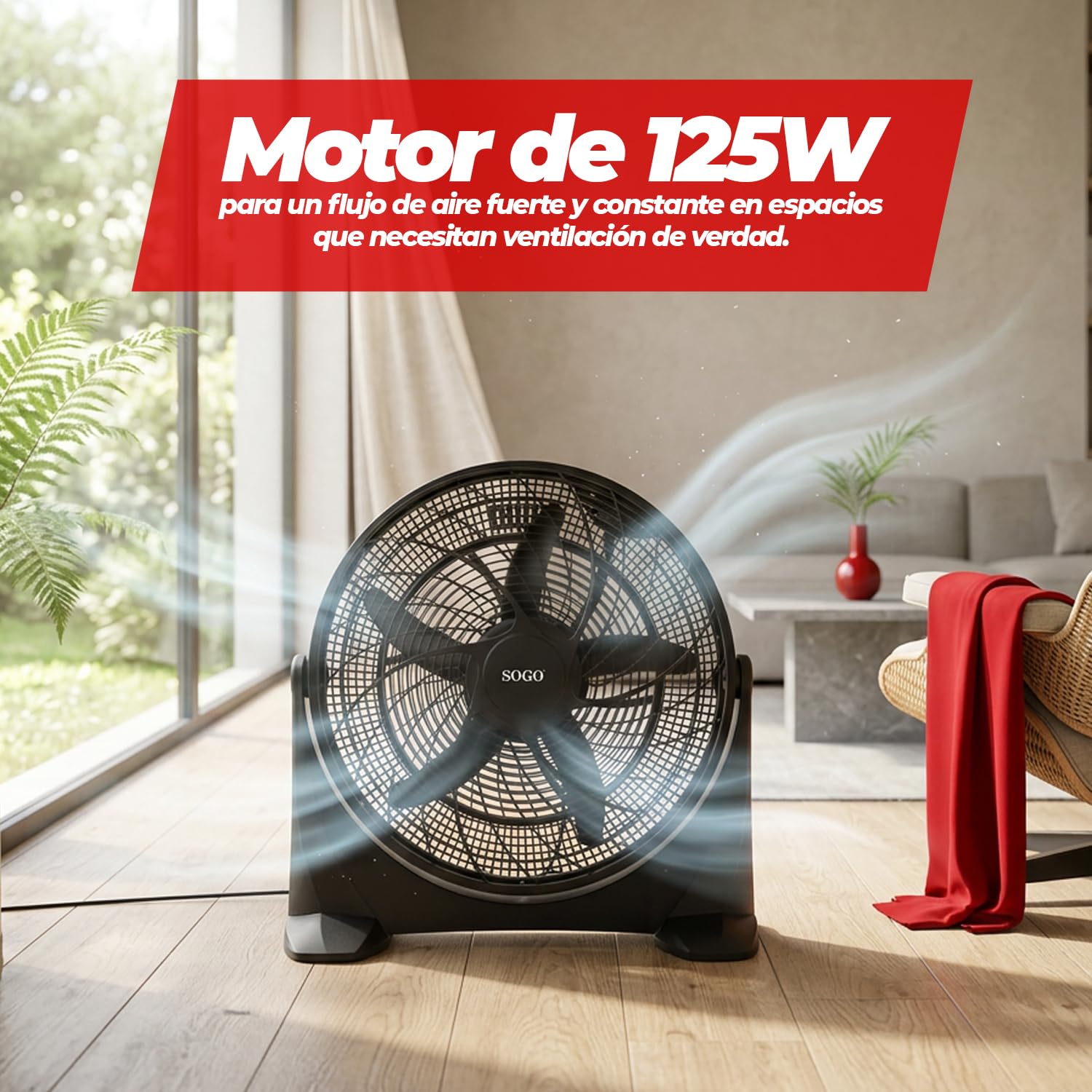 SOGO Ventilador de Suelo Industrial 20” 125W, 3 Velocidades, 5 Cuchillas, Motor Potente, Inclinación Ajustable, Negro - Alto Rendimiento para Taller, Oficina y Hogar