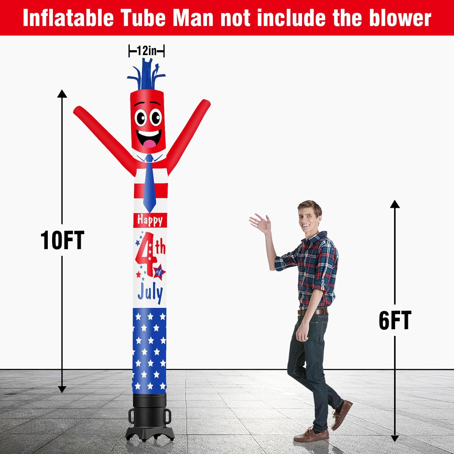 10FT Tall Happy 4th of July Inflatable Tube Man (12''Diameter) Wacky Wavy Dancing Guy for Outdoor Decoration Advertising Business Promotion - Independance Day (Blower Not Included)