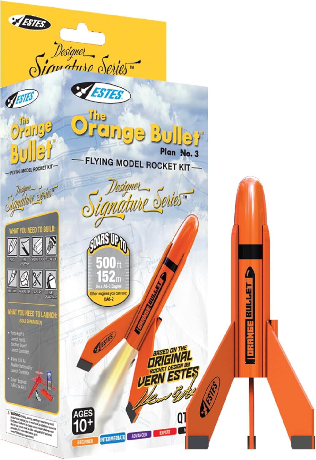 Estes 7295 Orange Bullet Rocket-Building Kit, Intermediate Flying-Rocket-Model Kit for Ages 10+