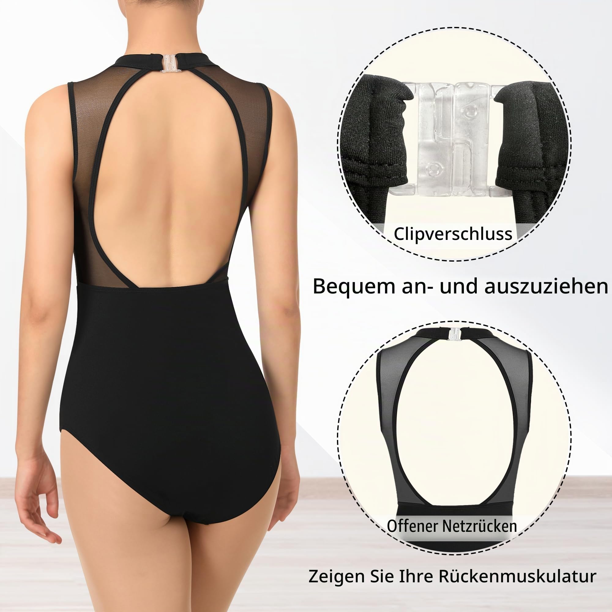 DANSHOW Damen Rollkragen-Ballett-Trikot mit offenem Rücken | Rollkragen mit Knopfverschluss,Netzausschnitt am Rücken,herausnehmbare Brustpolster,komplettes Vorderfutter