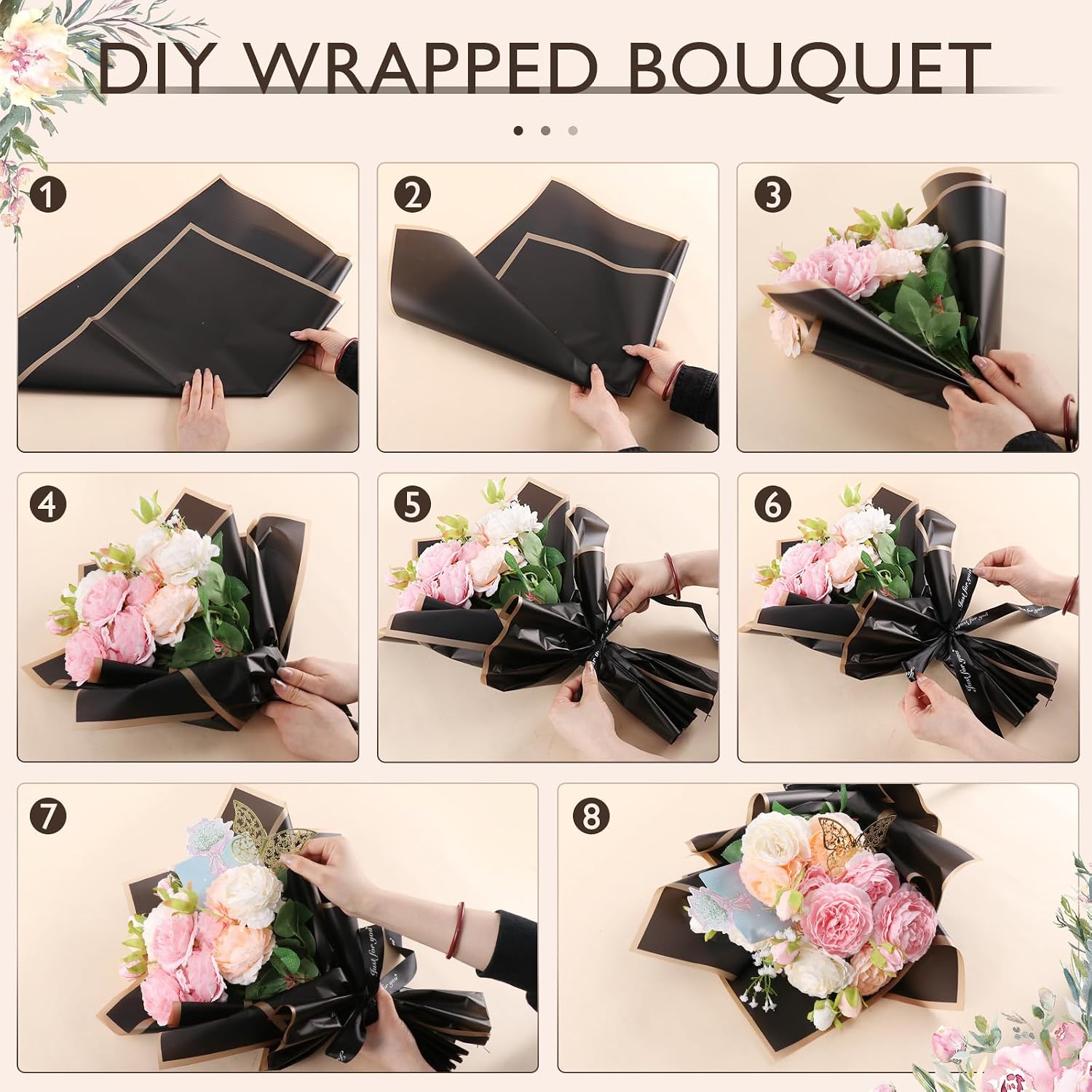 20 Sheets Flower Wrapping Paper Bouquet Wrapping Paper Waterproof with 10 Pcs Greeting cards, 12PCS 3D Gold Butterfly Decor, 50 pearl pins and 24 Yards Satin Ribbon for Wedding DIY Craft Party Black
