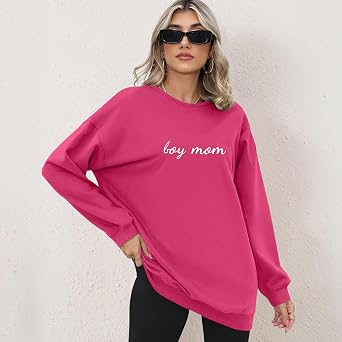 Boy Mom Embroidered Sweatshirt Mama Sweatshirts for Women Mama Life Casual Crewneck Hoodies Oversized Pullover Top