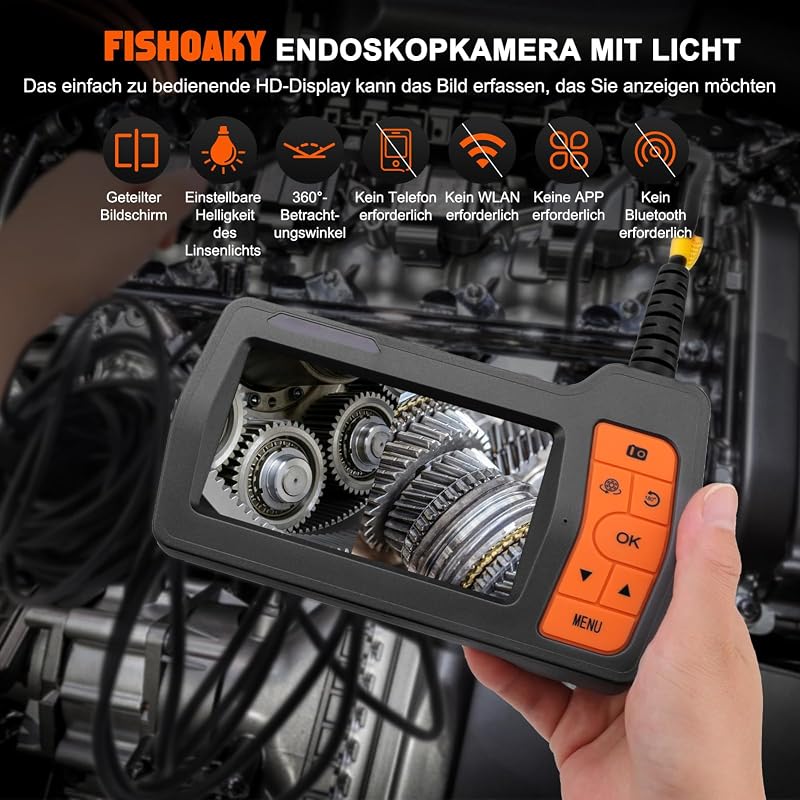 FISHOAKY Endoszkóp Kamera 3 Lencsével, 5" IPS Kijelzővel, 15m IP67 Vízálló Kábellel - HD 1080P Digitális Vizsgálókamera Szerelőknek, 32GB Me
