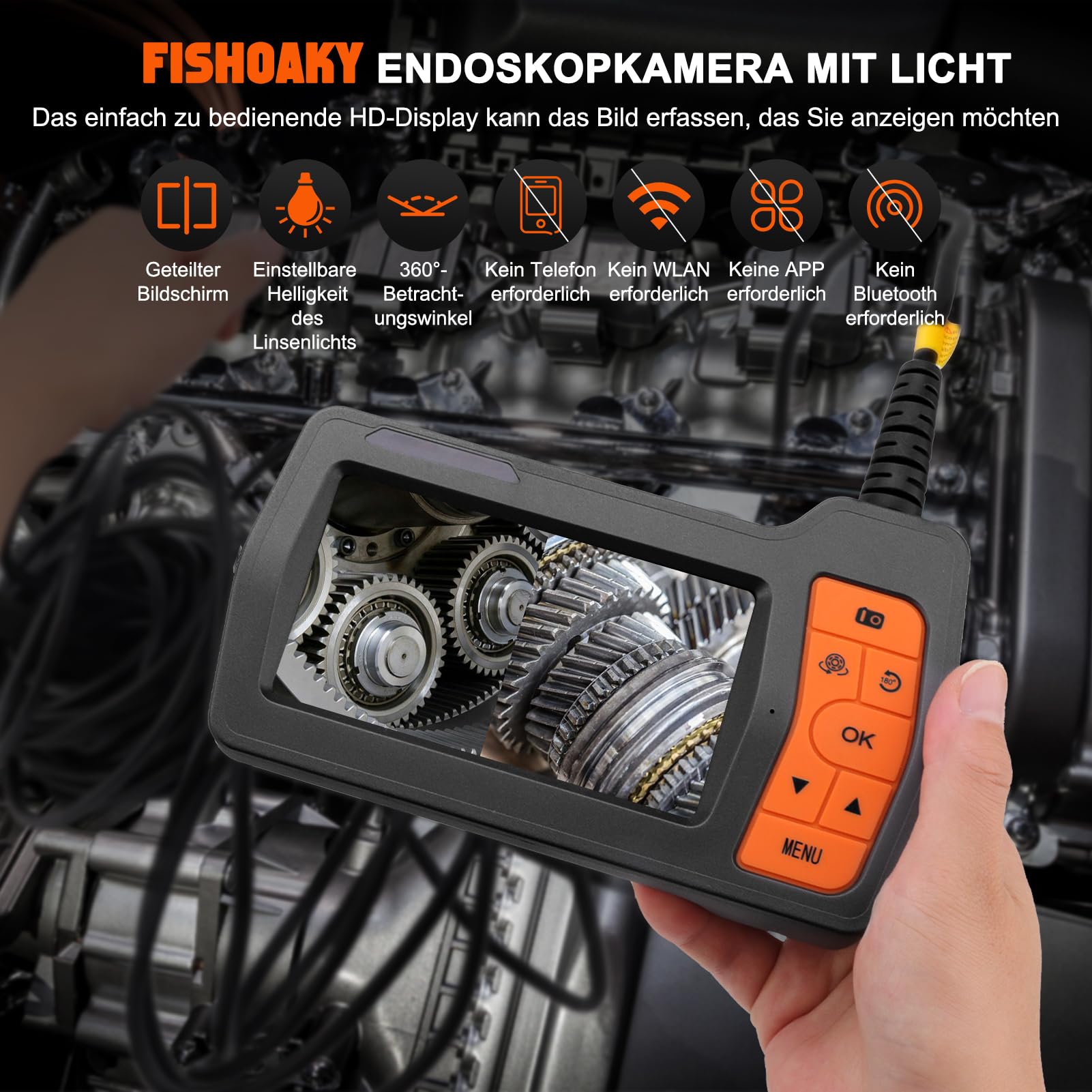 Endoscopio Industrial de Triple Lente con Cable de 15 m, 1080P HD Cámara de Inspección, 5" IPS Pantalla Endoscópica, Impermeable IP67 de 8mm Boroscopio para Auto, Fontanería, TF de 32 GB