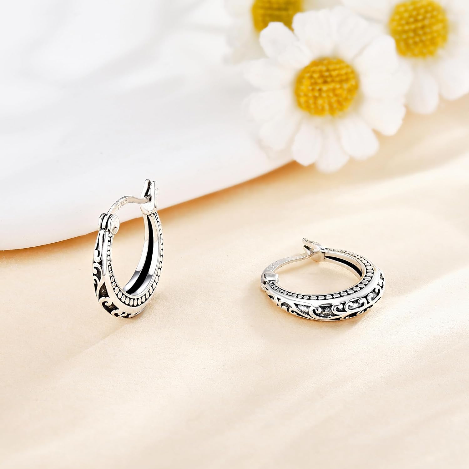 Filigree Hoop Earrings 925 Sterling Silver Lightweight Click Top Hoop Earrings Openwork Mesh Earring Vintage Jewelry Gifts for Women - Image 2