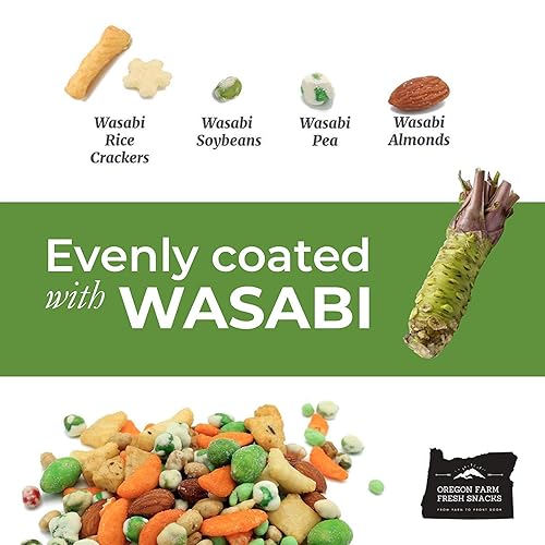 Vista 3 de Oregon Farm Fresh Snacks Mezcla de guisantes de Wasabi y galletas de arroz, aperitivos asiáticos de origen local y recién hechos con almendras