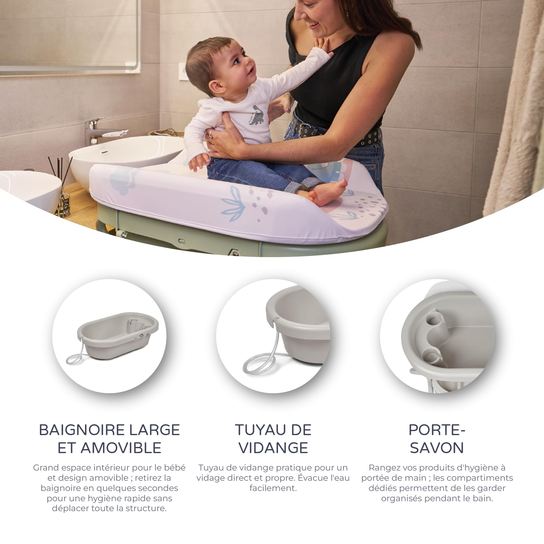 MS BabyWorld Bubble + Réducteur – Baignoire ergonomique pour bébé avec pieds et matelas à langer imperméable et rembourré | Fermeture compacte, organiseur, 4 roulettes avec freins (Gris)