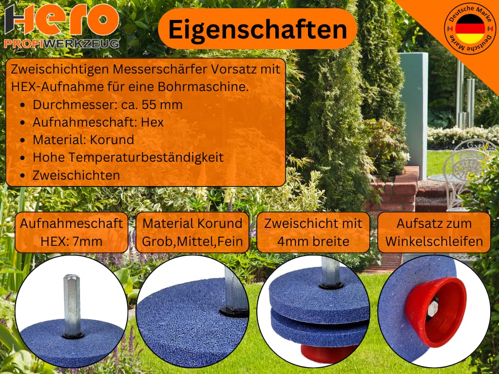 HERO Schleifstein Messerschärfer Set Rasenmäherschärfer 3-tlg für Bohrmaschinen Schärfer für Rasenmäher Bohrmessern, Mähern, Sichelmessern, Rotofräsen, Messer Gartenwerkzeuge