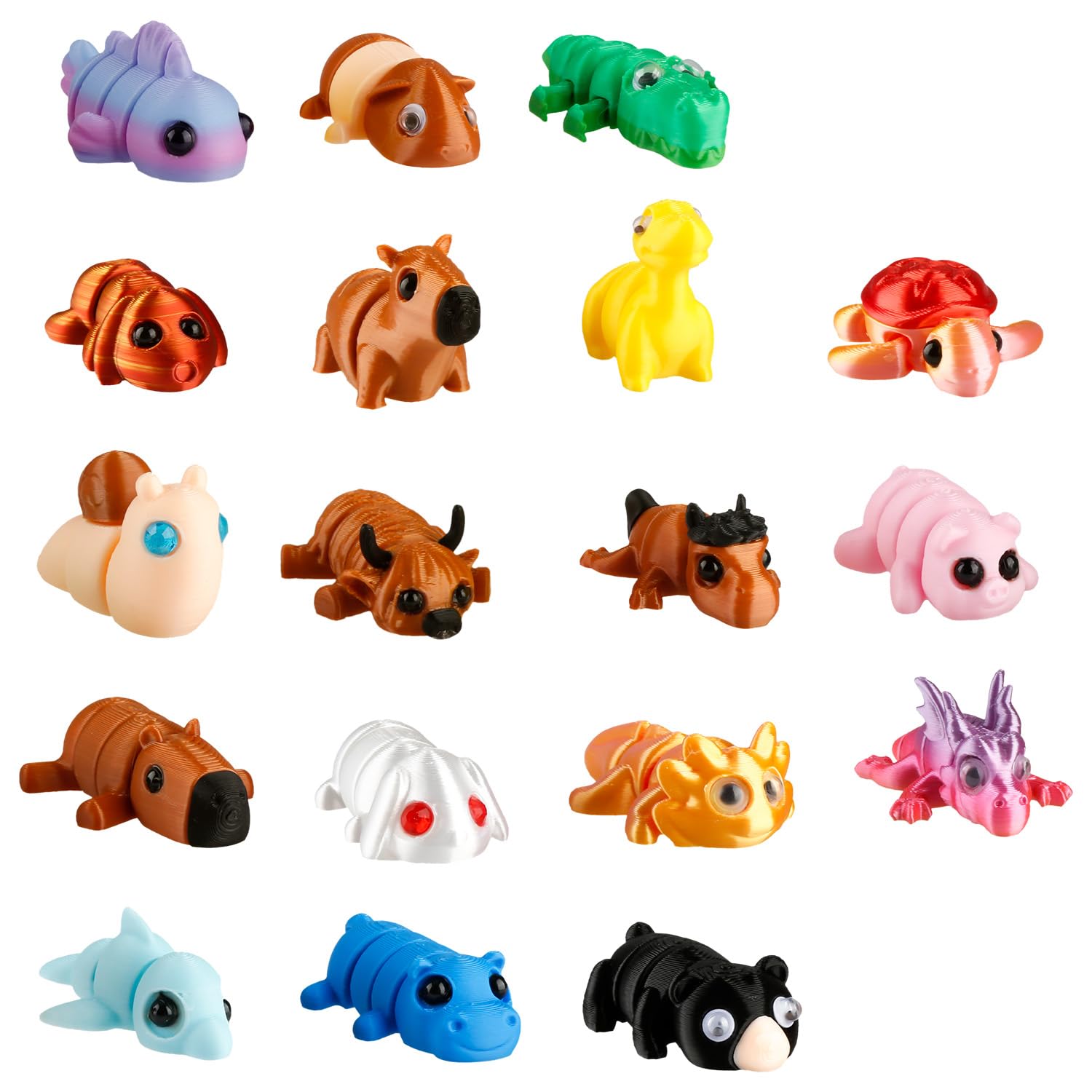 wellrun 18Pcs 3D Printed Animals Set,Colorful Movable Joint Mini 3D Printed Animal Figures,Flexible Fidget Toy,Cute Desk Decor for Home Office