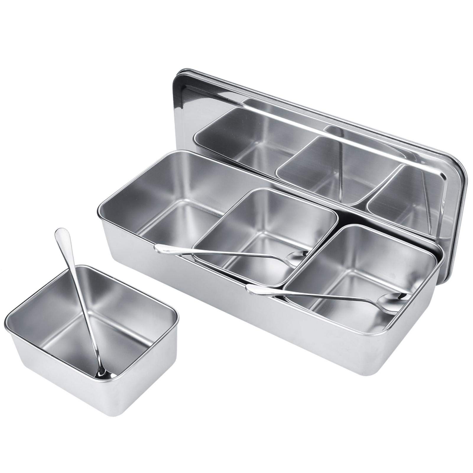 Scatola per Condimenti, Portacondimenti Set di 3 Condimento Box Spezia Jar, Sei Scatola di Condimento in Acciaio Inox Estraibili con Coperchio e 3 cucchiai per spezie, condimenti