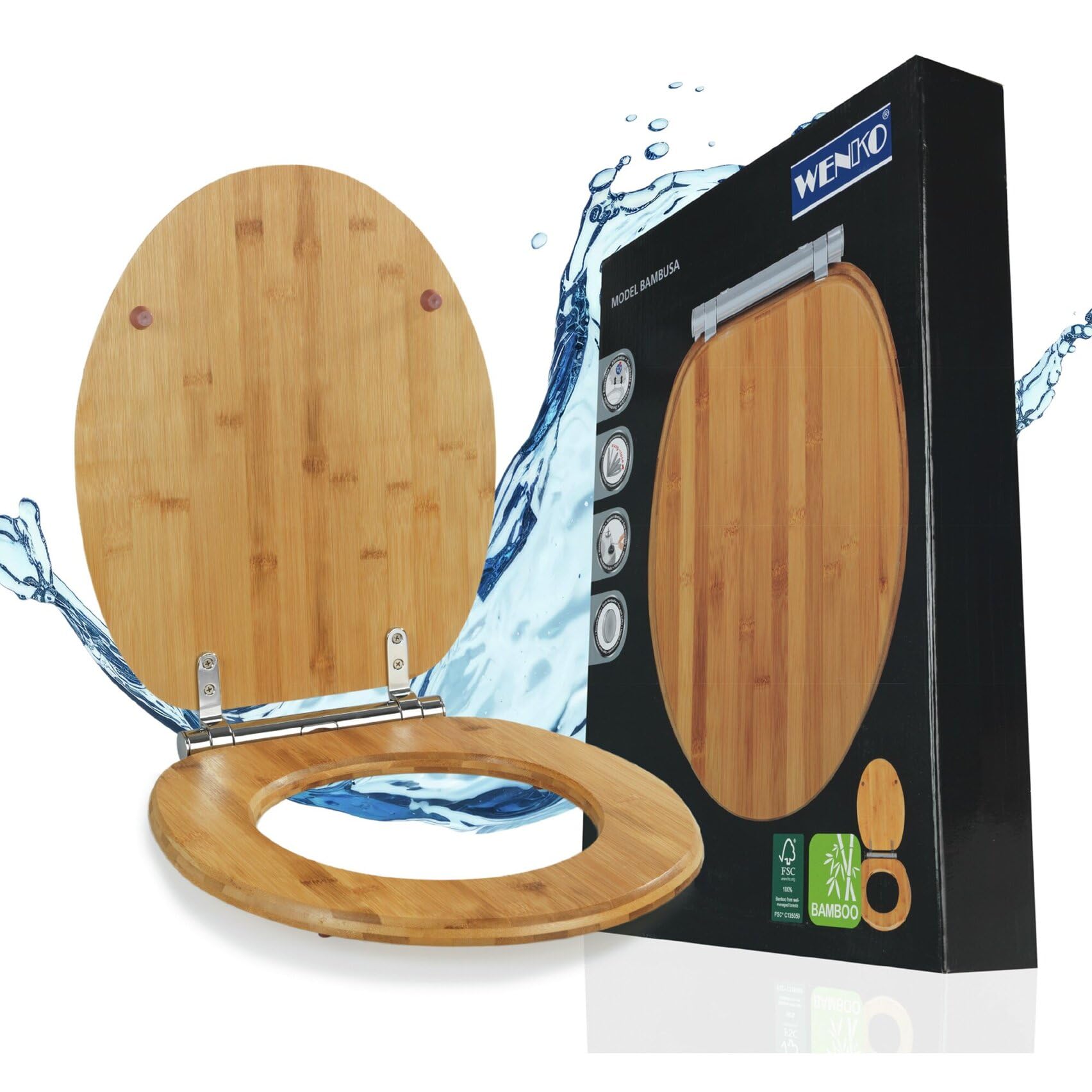 WENKO Toilettendeckel mit Absenkautomatik, hohe Belastbarkeit bis 300 kg,  ovaler WC Sitz, Klodeckel aus Bambus, FSC-Zertifiziert, lackiert und  feuchtigkeitsresistent, Mod. Bambusa, braun : Amazon.de: Baumarkt