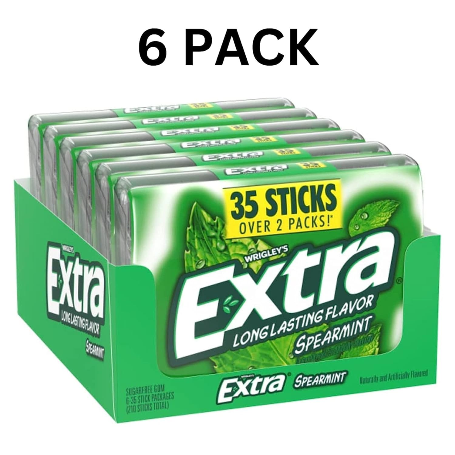 Long Lasting Flavor Spearmint Extra Gum 35 Sticks (Pack of 6), Sugar Free Chewing Gum Mega Pack, Spearmint Chewing Gum Bulk With Laiby Sticker