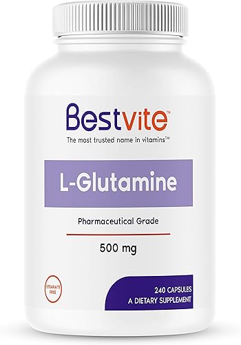 BESTVITE L-Glutamina 500 mg por cápsula (240 cápsulas), sin fosfato dicálcico, sin estearatos, sin OMG, sin gluten, apoyo para la salud intestinal
